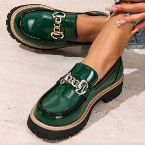 Green Patent Leather Loafers with Chain Detail